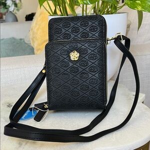 Black Quilted Floral Crossbody Phone Bag